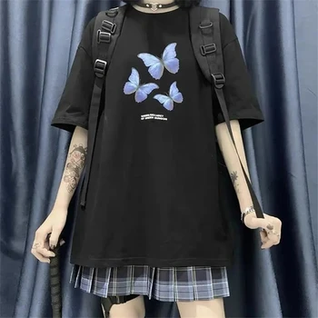 E-chica Harajuku Gótico de la ropa de la ropa de la parte superior de la vendimia goth женские футболки mariposa y2k T-shirt de la calle de la estética de la camisa de la Camiseta de la