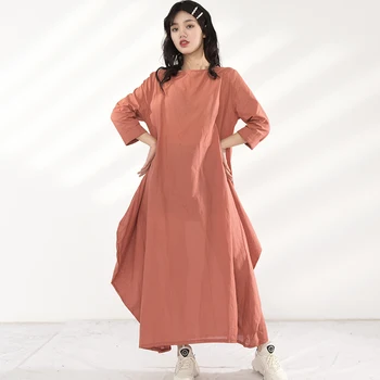 [EAM] las Mujeres de color Naranja Largo de Gran Tamaño Temperamento Vestido Nuevo Cuello Redondo de Manga Larga Floja de la Moda Marea de Primavera Otoño 2021 FB171