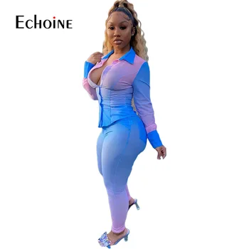 Echoine Mujeres 2020 Nuevas Gradiente De Llegadas Con Cuello En V Profundo Traje De Camisa + Pantalones De Cintura Alta De Dos Piezas Conjuntos De Parte Clubwear Trajes