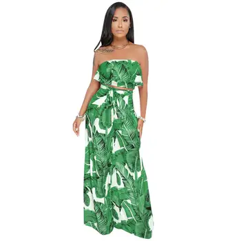 Echoine Verano Hojas Verdes de Impresión vestido de Crop Top y pantalones de Pierna Ancha Set de Dos piezas de playa Elegante y Sexy Conjunto