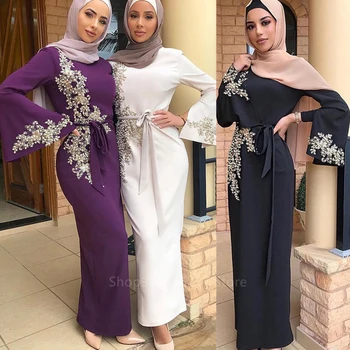 Eid Mabarak Musulmán De La Moda Abaya Vestido De Las Mujeres De Encaje Rebordear Islámica Ropa Dubai Marocain Bandaga Hiyab Caftán Turquía Vestidos
