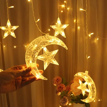 EID Mubarak Decoraion para la Casa de la Luna Estrella de la Cortina del LED Luz Cadena de Garland Islámica Partido Musulmán de Al Adha Ramadán Decoración de Navidad