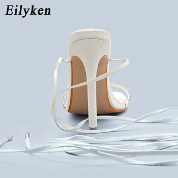 Eilyken 2021 Nuevo Gladiador de las Mujeres Sandalias de Verano Sexy Delgada Tacones de Pvc Correa de Cadena de pies Cuadrados de Tobillo con cordones Vestido de Fiesta Zapatos