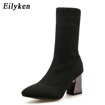 Eilyken Invierno las Botas de las Mujeres en Punta de Tejido elástico en el Tobillo Botas de Bajo y Cuadrado tacón de Zapatos de Mujer Femenina Calcetines Botas de talla 35-42