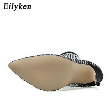 Eilyken Nuevo Diseño de Cristal de diamante de imitación de Malla de Tejido elástico del Calcetín Botas de Moda de PVC Transparente Dedo del pie Puntiagudo Zapatos Sexy zapatos de Tacón Alto