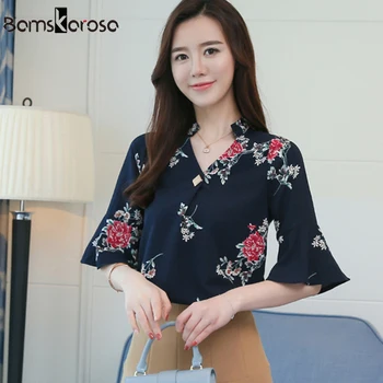 Elegante Camisa de las Mujeres de la Gasa de la Blusa De 2019 Verano coreano chemise femme Floral Print Camisetas de las Señoras Tops camisa feminina Más el Tamaño