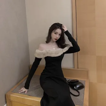 Elegante Vestido Vintage de las Mujeres de Manga Larga Sexy Cuello de Piel de Fiesta de Noche Vestido Negro Femenino de Una sola pieza Vestido coreano 2020 Otoño Chic