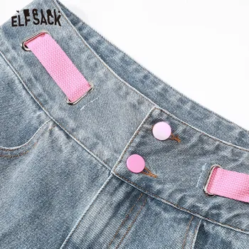 ELFSACK Azul Sólido Minimalista Cintura Alta Lavado de las Mujeres Jeans 2020 Primavera Arrancó Recta coreano Casual de las Señoras Diario de los Pantalones vaqueros