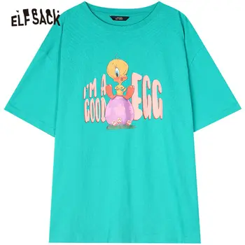 ELFSACK Harajuku Verde de dibujos animados de Impresión Casual de gran tamaño T-Camisas de las Mujeres de Verano de 2020 ELF de Manga Corta de corea Damas Diarias Lindo Superior