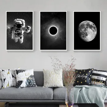 En blanco y negro astronauta de la luna decoración de estudio de pintura de la lona de pintura de la casa sala comedor
