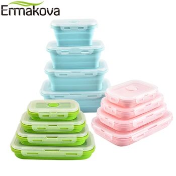 ERMAKOVA 3 o 4 piezas de Silicona Plegable Almuerzo Bento Box Resistente al Calor Plegable de Almacenamiento de Alimentos Contenedor Hermético con Tapa de Plástico