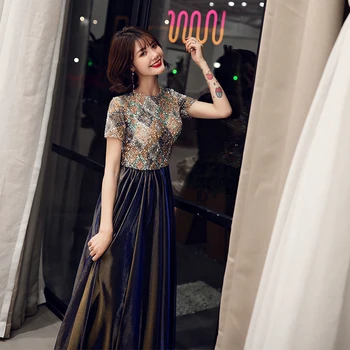Es Yiiya Vestido de Noche Elegante Lentejuelas de colores de Vestidos de Noche de Manga Corta O-cuello del Vestido Formal 2020 Larga túnica de gala LF131