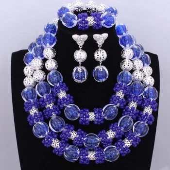 Espléndido Azul Real De Plata De África Perlas De La Joyería Conjuntos De Bolas De Perlas De Cristal Collar De Nigeria De La Boda De La Celebridad Conjuntos De Joyas De 2018