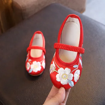 Estilo chino de flores Bordado de la tela de los zapatos de los Niños pequeños zapatos de la Muchacha de la Princesa de los Zapatos de suela suave Zapatos Planos chaussure fille