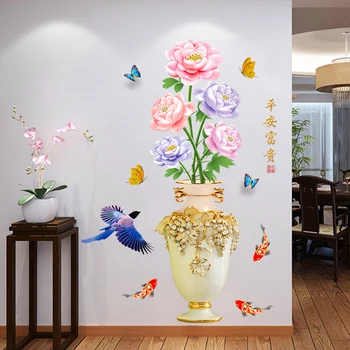 Estilo chino Exquisito Jarrón de Flores de la Pared de la etiqueta Engomada 3D Calcomanía Para la Sala de estar Porche de Fondo fondo de pantalla de Pintura Mural Pegatinas 1PC