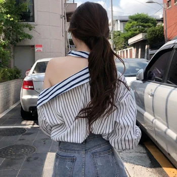 Estilo coreano de la moda de las Mujeres Blusas sueltas temperamento de rayas de manga larga camisa de la personalidad de los hombros fuera de Tops Blusas azul