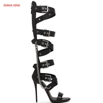 Estilo Punk de Verano de la Hebilla de la Cadena de Sandalias 2020 Moda del Dedo del pie Abierto la altura de la Rodilla Sandalias Botas Sexy de Fiesta de Tacón de Aguja Zapatos de Mujer