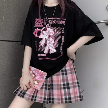 Estética Camisas Mujer Harajuku T-Shirt Kawaii Gato Ninja de Impresión Negro de Verano pop coreano Ropa de Mujer casual chic Tops Camisetas