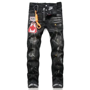 Europea de Estilo Americano Nuevo Mens Slim jeans stretch impreso ripped jeans negros para los hombres de la pintura pantalones de empalme de la ropa de hip hop