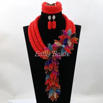 Exclusivo Cristal Rojo Grueso de la Declaración del Collar de la Conjunto de Oro de Dubai Africana de la Boda de las Mujeres de la Joyería Nupcial Conjunto de Flor Grande ALJ588