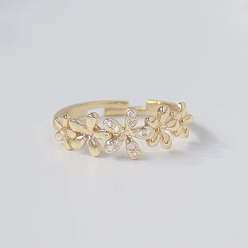 Exquisito de cobre con incrustaciones de circonio dulce mariposa de la flor del anillo de 14K real chapado en oro de las mujeres de la fiesta de graduación abierta anillo de corea joyería