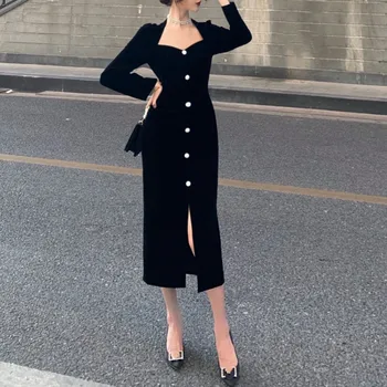 Ezgaga Elegante Vestido De Las Mujeres De Estilo Francés V-Cuello De Terciopelo Negro Split Sólido Botón Cuadrado Collar De Las Señoras Vestido De Fiesta Vestidos
