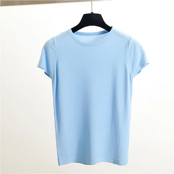 EZSSKJ básicas de tejidos de Punto Camiseta de las Mujeres de Verano de manga Corta Camiseta de alta Elasticidad de la Mujer T-Shirt o-cuello casual sólido recortar la parte superior