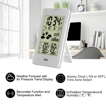 FanJu Estación Meteorológica Digital de Alarma Reloj de Pared de la Temperatura de la Humedad al aire libre Inalámbrica del Sensor Termómetro Higrómetro reloj de escritorio