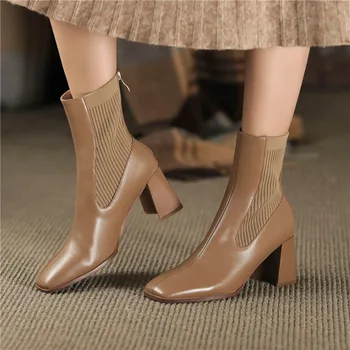 FEDONAS Vintage Botas de Tobillo Para las Mujeres Populares de Retazos de Cuero Genuino Zapatos de Mujer de Invierno más reciente Básicos de Tacón Alto Botas de Botas