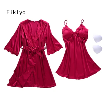 Fiklyc marca sexy mujer de verano de la mitad de la manga de la túnica camisón conjunto de lujo acolchado de satén de las señoras de lencería ropa de dormir nighdress albornoz