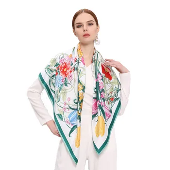 Floral de la Bufanda de Seda Espesar 16mm Gran Plaza Pañuelos de Seda Envuelve Chal para las Mujeres Foulard 106x106cm