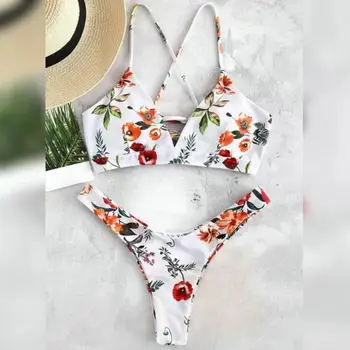 Florales Impresos Bikini Set Sexy Traje De Baño De Las Mujeres 2021 Push Up De Encaje De Los Trajes De Baño Traje De Baño Ropa De Playa De Thong Con Cuello En V Profundo Biquini