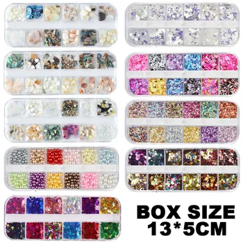 FlorVida 12 colores Kit de Caja de diamantes de imitación AB Strass de la Aleación 3D Decoración Hibrid Cristal Clavos de Metal de la Perla Para las Uñas de Manicura