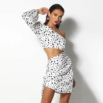 Foridol sexy de un hombro vestido de fiesta de las mujeres de impresión de leopardo con pliegues bodycon mini club vestido de otoño invierno vestido de vestidos de fiesta