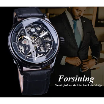 Forsining Completo Negro Clásico de la Moda relojes de Pulsera Mecánicos de los Hombres de Negro de la Banda de las Manos Luminosas Heren Horloge Esqueleto Reloj Masculino
