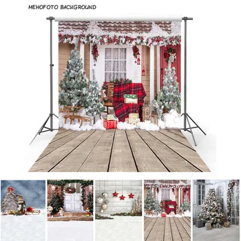 Foto de Fondo para la Fotografía de Navidad Blanco de la Nieve de los Árboles de Navidad, Decoración de la Puerta de Madera de Regalo Juguetes Telón de fondo de Estudio Fotográfico