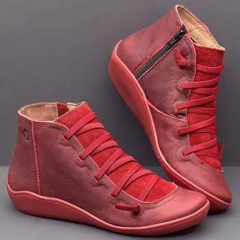 GAOKE 2020 las Nuevas Mujeres de la PU de Cuero Casual de Tobillo Botas Cómodas Calidad Suave hecho a Mano Zapato Plano Amarillo Rojo el Trabajo de Martin Botas