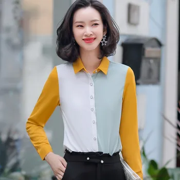 Gasa de la camisa de las mujeres 2020 primavera nueva moda de manga larga de patchwork slim blusas de oficina señoras elegantes trabajo profesional tops