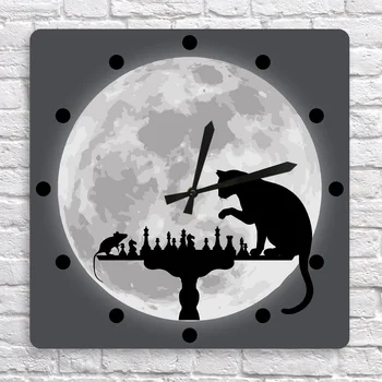 Gato Jugando al Ajedrez con el Ratón La Luna de Fondo Cuadrado Colgante de Pared Reloj de Animales de Caza Juego de Tablero de la Pared Reloj Amante de las Mascotas de Regalo