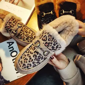 Genuino Cony Pelo Mocasines Estudiantes de Leopardo Pisos de Algodón Cómodo Zapatos de Mujer de los Tacones de Suela Gruesa Hebilla Aproximada GlitterBlack