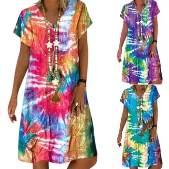 Gran Tamaño de Vestido para las Mujeres de Verano De 2020 Casual Suelto Rayas de Color del Tinte del Lazo Impreso Vestidos de Damas de Ocio de Cuello V Vestidos