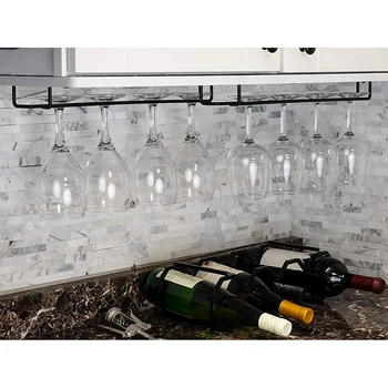 Grandes Copas de Vino de Cristal Estante Colgador en Virtud de Gabinete de la Barra de la Cocina de Almacenamiento de Hierro Negro De 17 Pulgadas, Set de 2