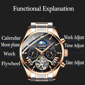 GUANQIN de acero inoxidable Tourbillon Reloj mecánico nuevo Reloj de los hombres de los hombres reloj de pulsera impermeable de los deportes de relogios reloj masculino