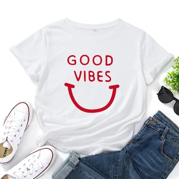 Harajuku Cartas Buenas Vibras Sonrisa Imprimir las Mujeres T-shirt Más el Tamaño de Algodón Holgada Camiseta Gráfica Básica Tops Señora Streetwear Camiseta
