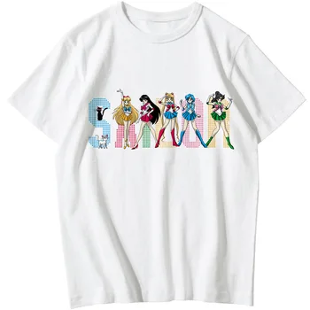 Harajuku de Ropa de Mujer de la Camiseta de la Estética Vintage Gato Animado Lindo de la Mujer T-shirt Kawaii Tee Ullzang Sailor Moon 90 Amigos Camiseta