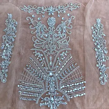 Hechos a mano de plata de apliques de pedrería de cuerpo completo de cristal parches blusa de malla para el vestido de accesorios
