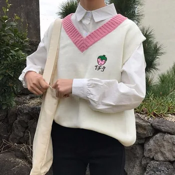 Hembra Harajuku colegio lindo bordado con cuello en v de Fresa bordado suéter de las mujeres de la vendimia de jersey kawaii mujeres top S-XL