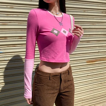 HEYounGIRL Argyle Pink Sudor Y2K parte Superior del Cultivo Camiseta de las Mujeres Casual de Algodón de Manga Larga camiseta de las Señoras de Moda Patchwork Camiseta