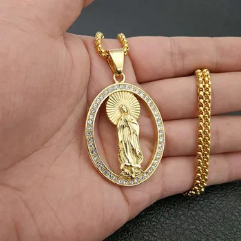 Hip Hop Helado Fuera Bling Virgen María Collares Colgantes de Oro de Color de Acero Inoxidable Madonna del Collar de la Joyería Cristiana XL1302