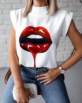 Hirigin 2020 Las Mujeres De La Moda Elegante De La Impresión Labios Tops Blusa Camisetas De Verano De Las Señoras De La Oficina Casual Pararse El Cuello 